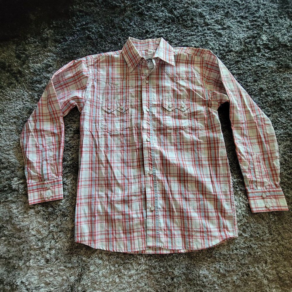 Boys Resistol Ranch Long Sleeve Button Down Plaid Red Blue Cream Size Large